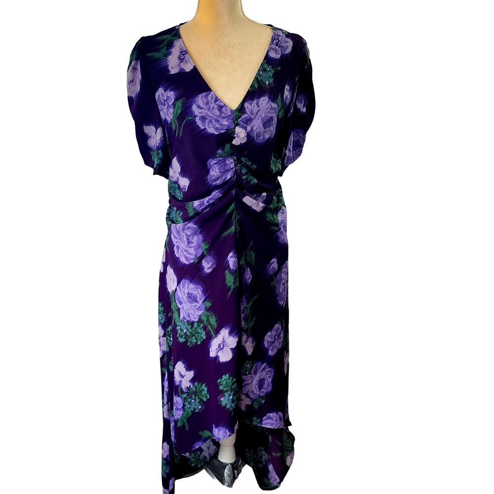 A New Day Navy Purple Floral Crepe Short Sleeve Hi Low Midi V-Neck Dress M